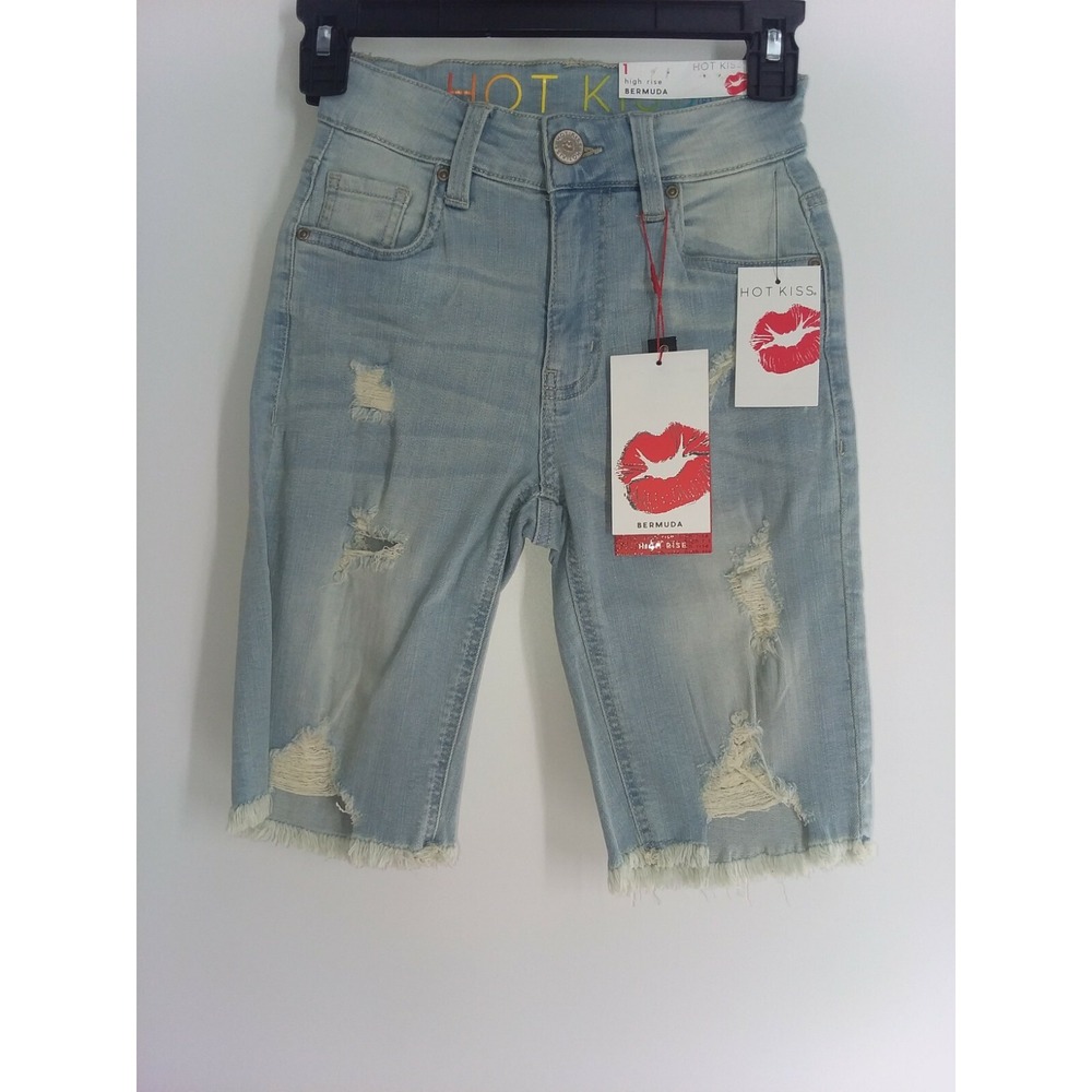 Hot Kiss Distressed Bermuda High Rise Jean Shorts Size 1 Brand New